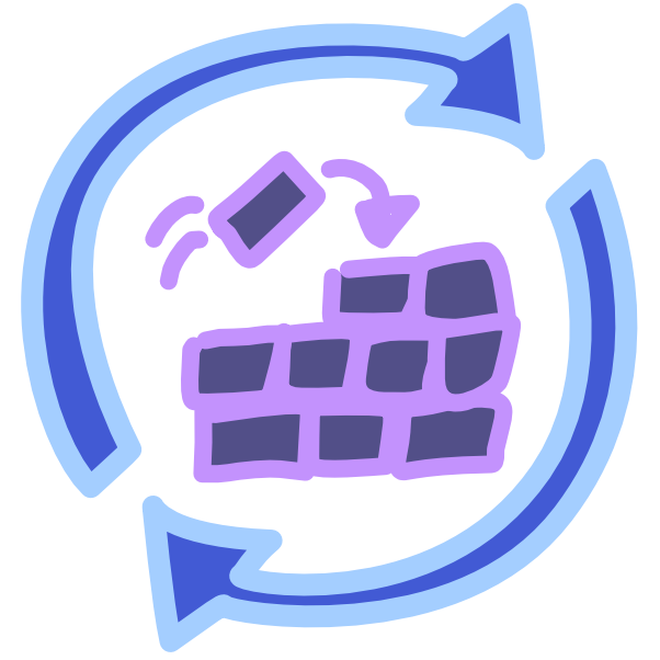 Two blue arrows form a circle around a purple wall made of rectangles. One rectangle sits diagonally above the wall with two motion lines behind it, and a curved arrow pointing from the rectangle to the wall. The image has light line art.